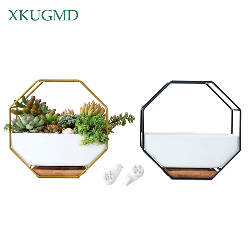 Metal Iron Rack White Ceramic Planter Pot Simple Octagonal Geometric Wall Hanging Ceramic Flower Pot Bamboo Tray Iron Frame