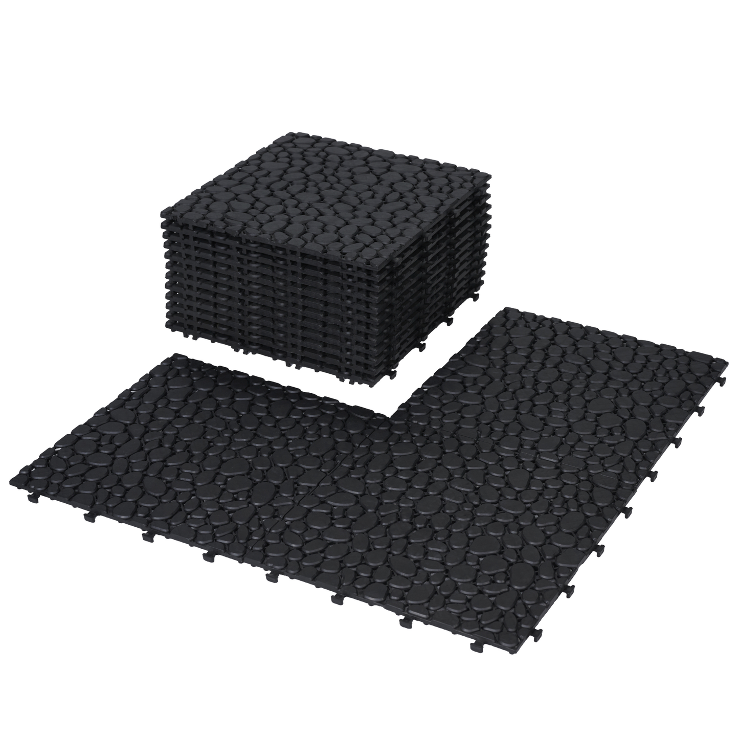 12 x 12 inch black interlocking deck tiles, plastic waterproofing, pebble pattern, pack of 12