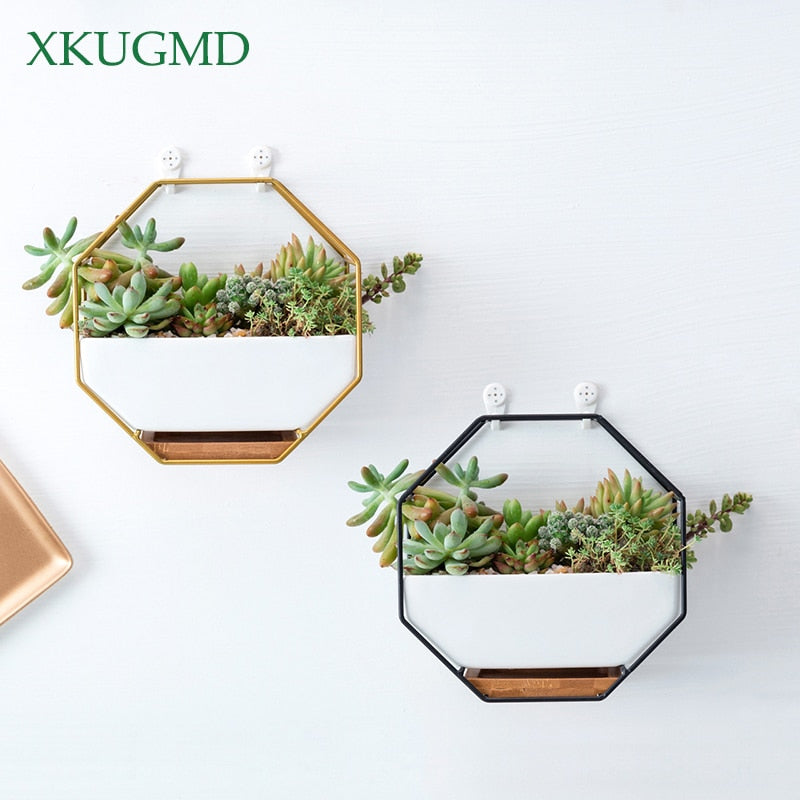 Metal Iron Rack White Ceramic Planter Pot Simple Octagonal Geometric Wall Hanging Ceramic Flower Pot Bamboo Tray Iron Frame