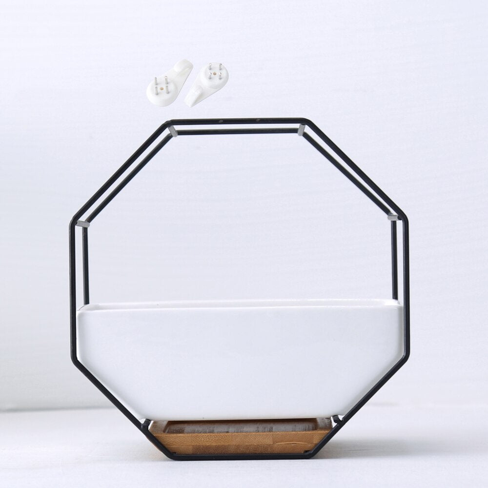 Metal Iron Rack White Ceramic Planter Pot Simple Octagonal Geometric Wall Hanging Ceramic Flower Pot Bamboo Tray Iron Frame