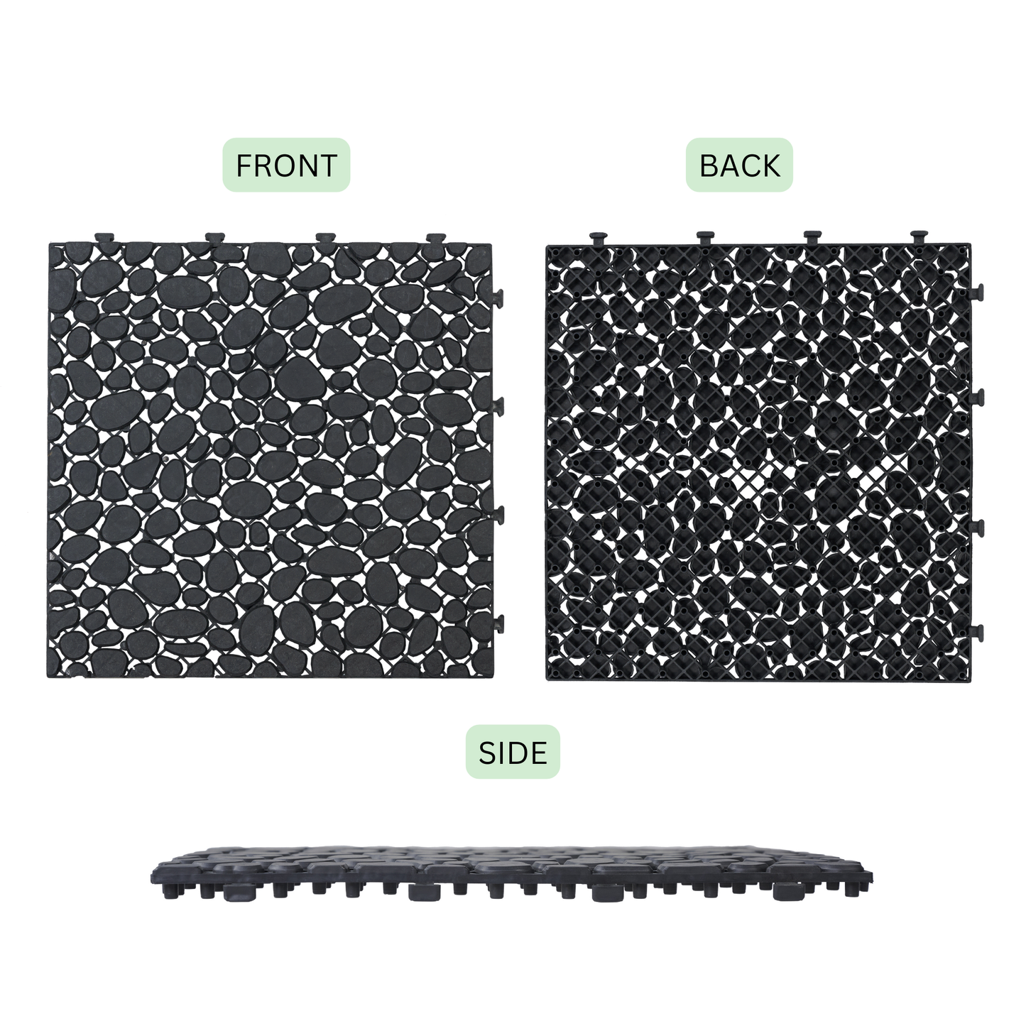 12 x 12 inch black interlocking deck tiles, plastic waterproofing, pebble pattern, pack of 12