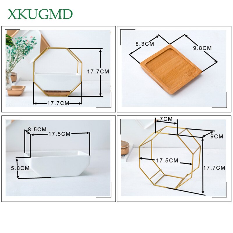 Metal Iron Rack White Ceramic Planter Pot Simple Octagonal Geometric Wall Hanging Ceramic Flower Pot Bamboo Tray Iron Frame