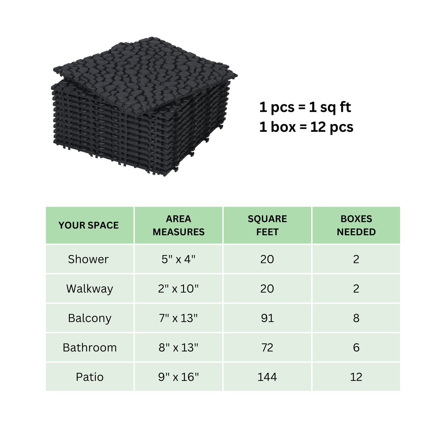 12 x 12 inch black interlocking deck tiles, plastic waterproofing, pebble pattern, pack of 12