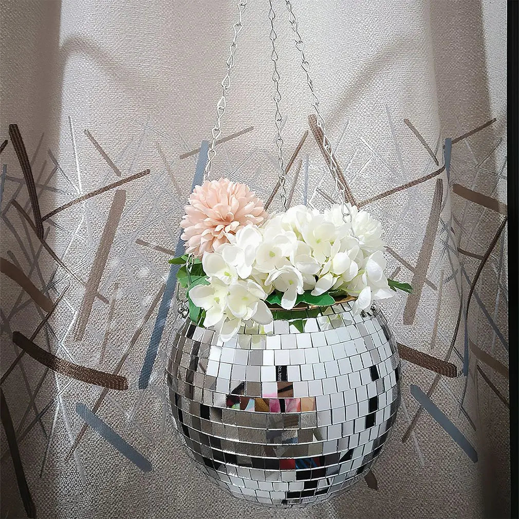 Disco Ball Hanging Flower Pot For Indoor Plants Bohemian Style Flower Planter Pots Rope Mirror Hanging Basket Garden Decor