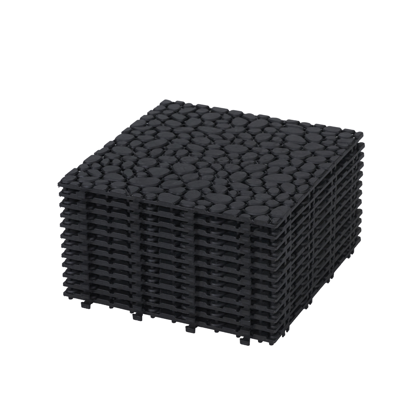 12 x 12 inch black interlocking deck tiles, plastic waterproofing, pebble pattern, pack of 12