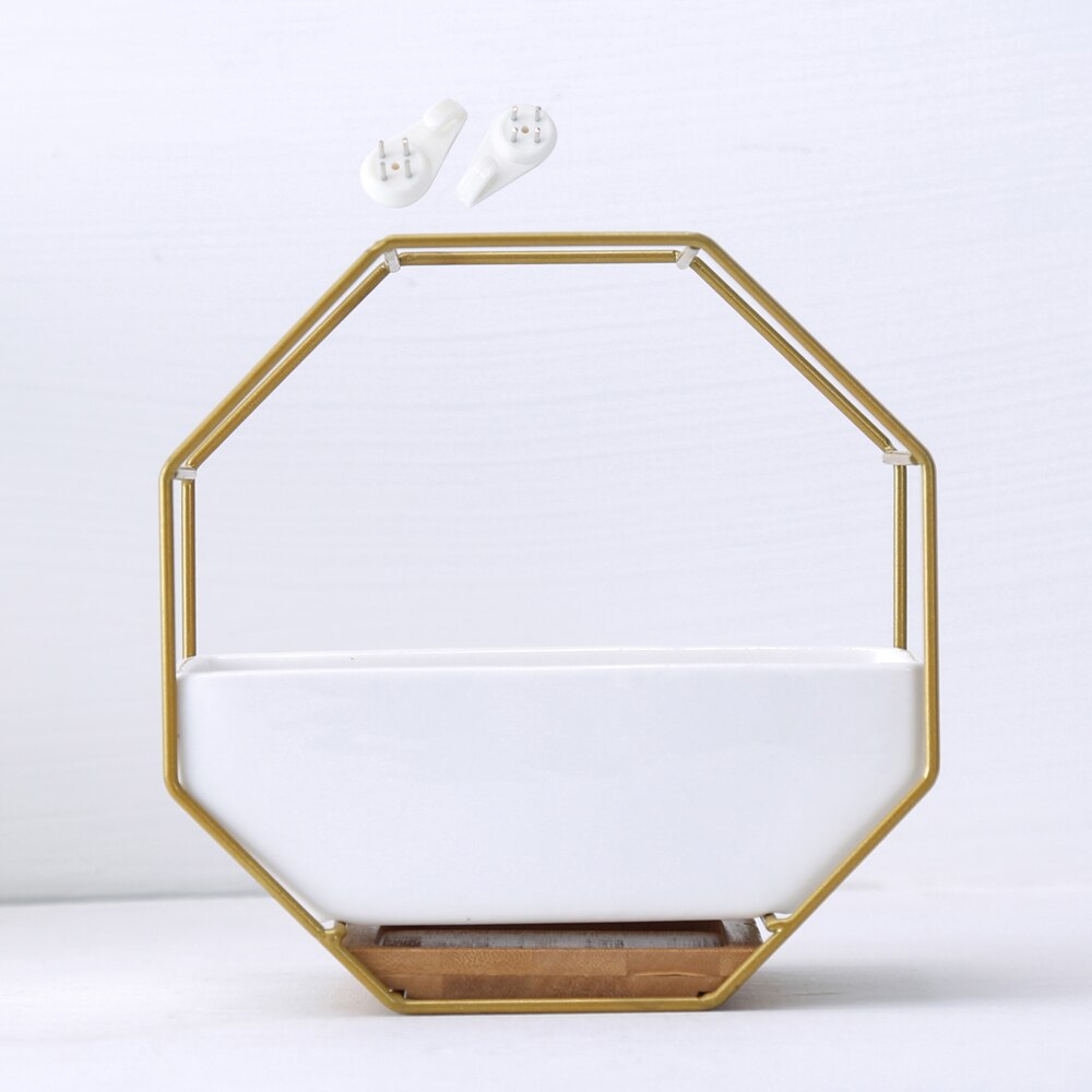 Metal Iron Rack White Ceramic Planter Pot Simple Octagonal Geometric Wall Hanging Ceramic Flower Pot Bamboo Tray Iron Frame