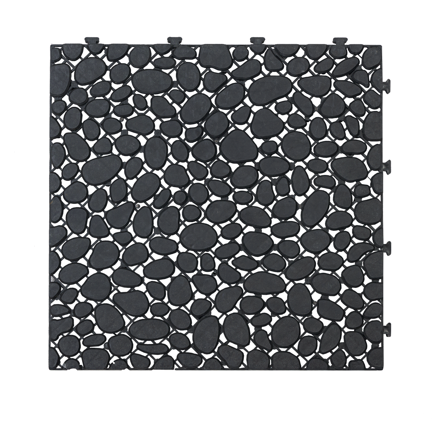 12 x 12 inch black interlocking deck tiles, plastic waterproofing, pebble pattern, pack of 12