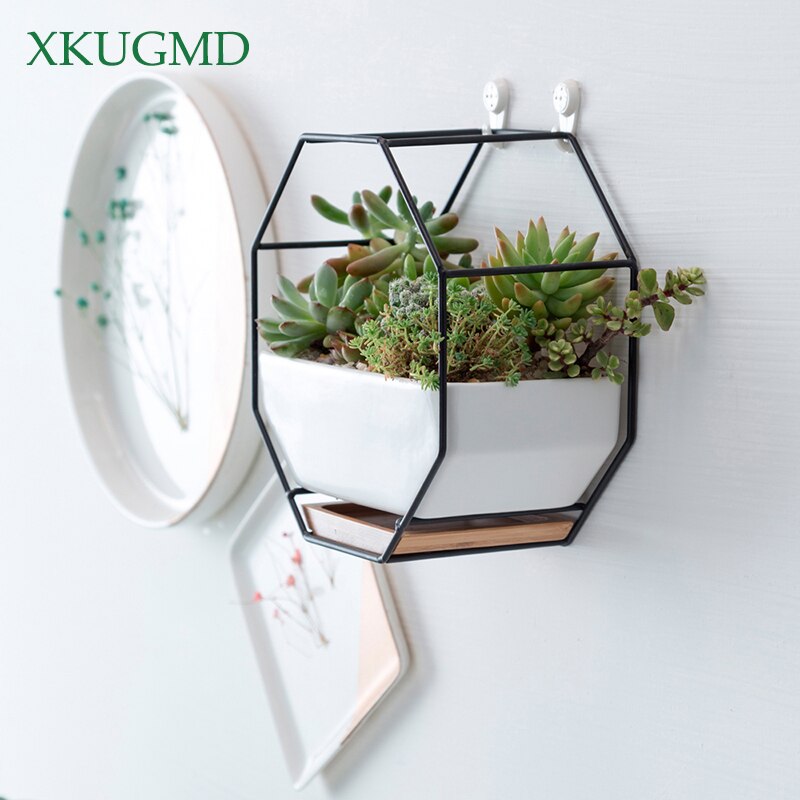 Metal Iron Rack White Ceramic Planter Pot Simple Octagonal Geometric Wall Hanging Ceramic Flower Pot Bamboo Tray Iron Frame